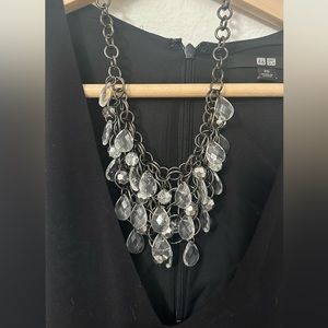 Chunky jewelry necklace, multiple strands of clear drops on metal chain,